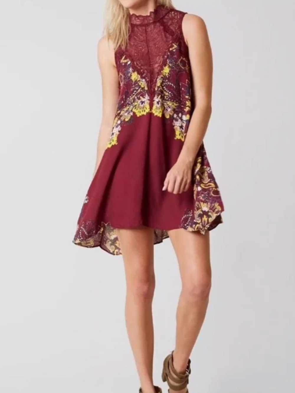Free People Marsha Bohemian Floral Lace-Trim Sleeveless Dress - Wine